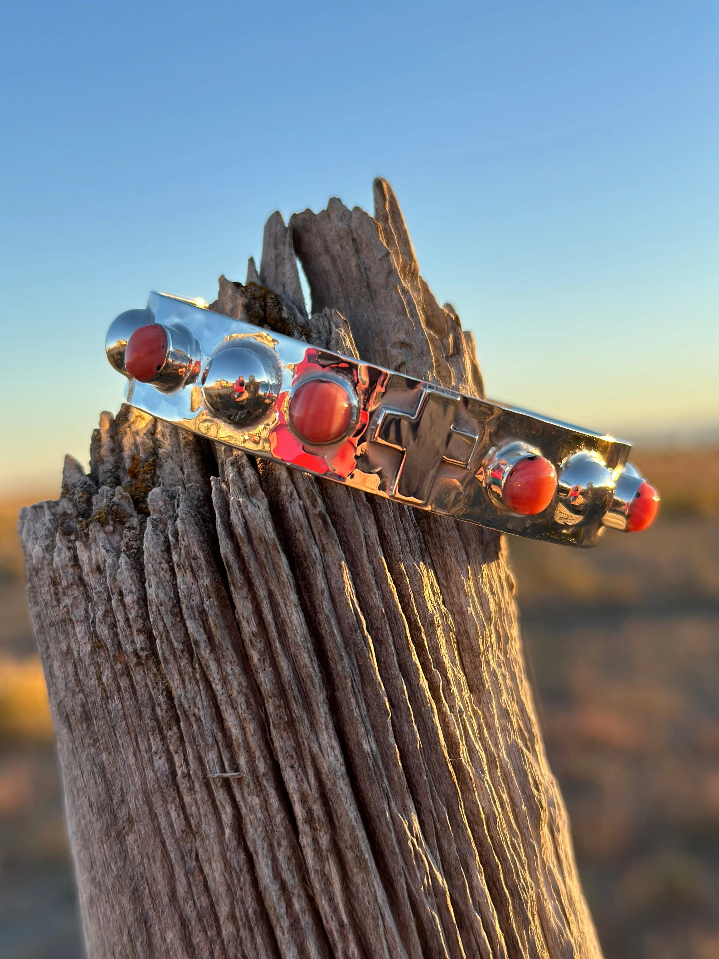 The Hammered Sterling Silver & Coral Cross Bracelet & Earring Set