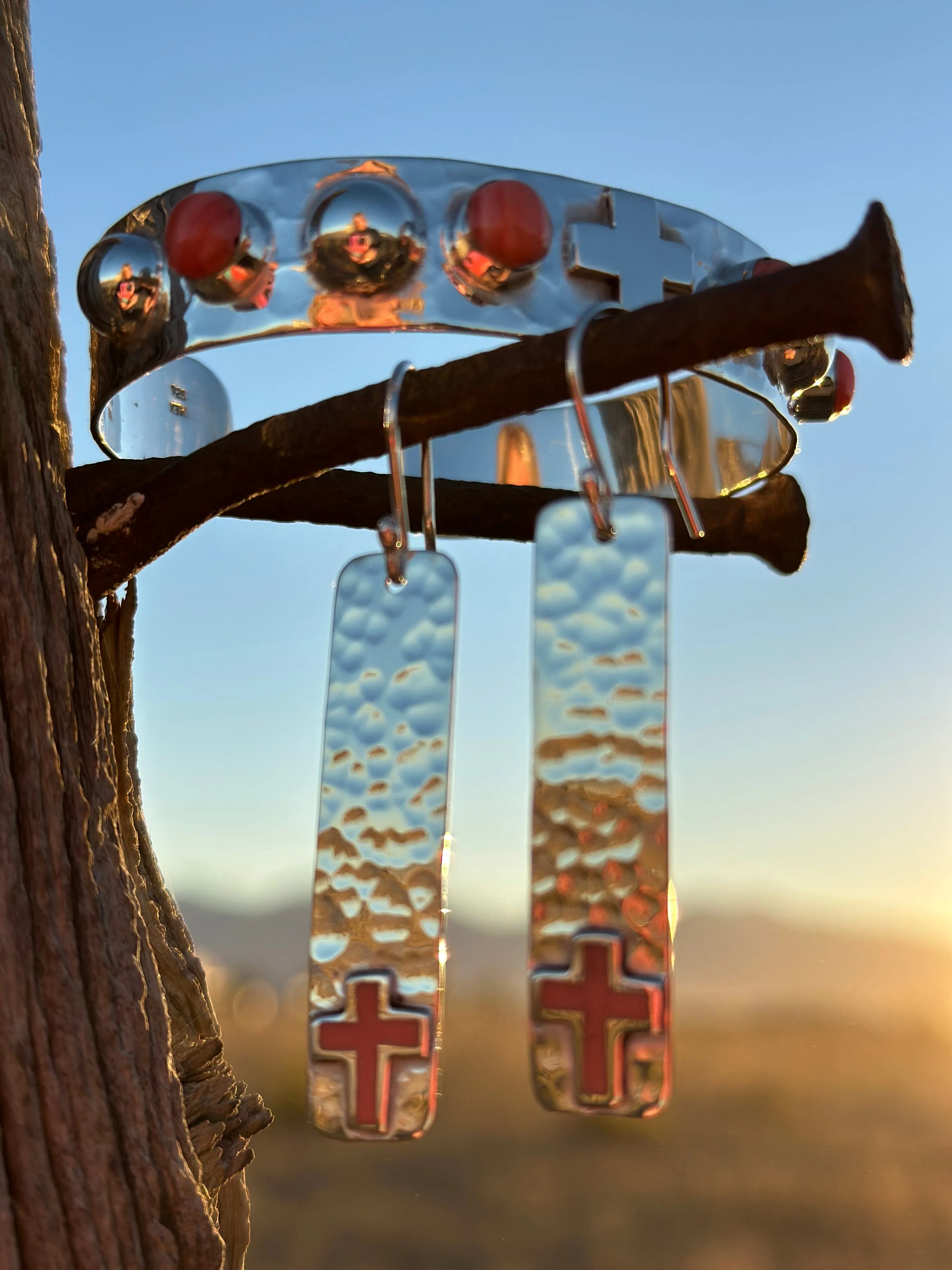 The Hammered Sterling Silver & Coral Cross Bracelet & Earring Set