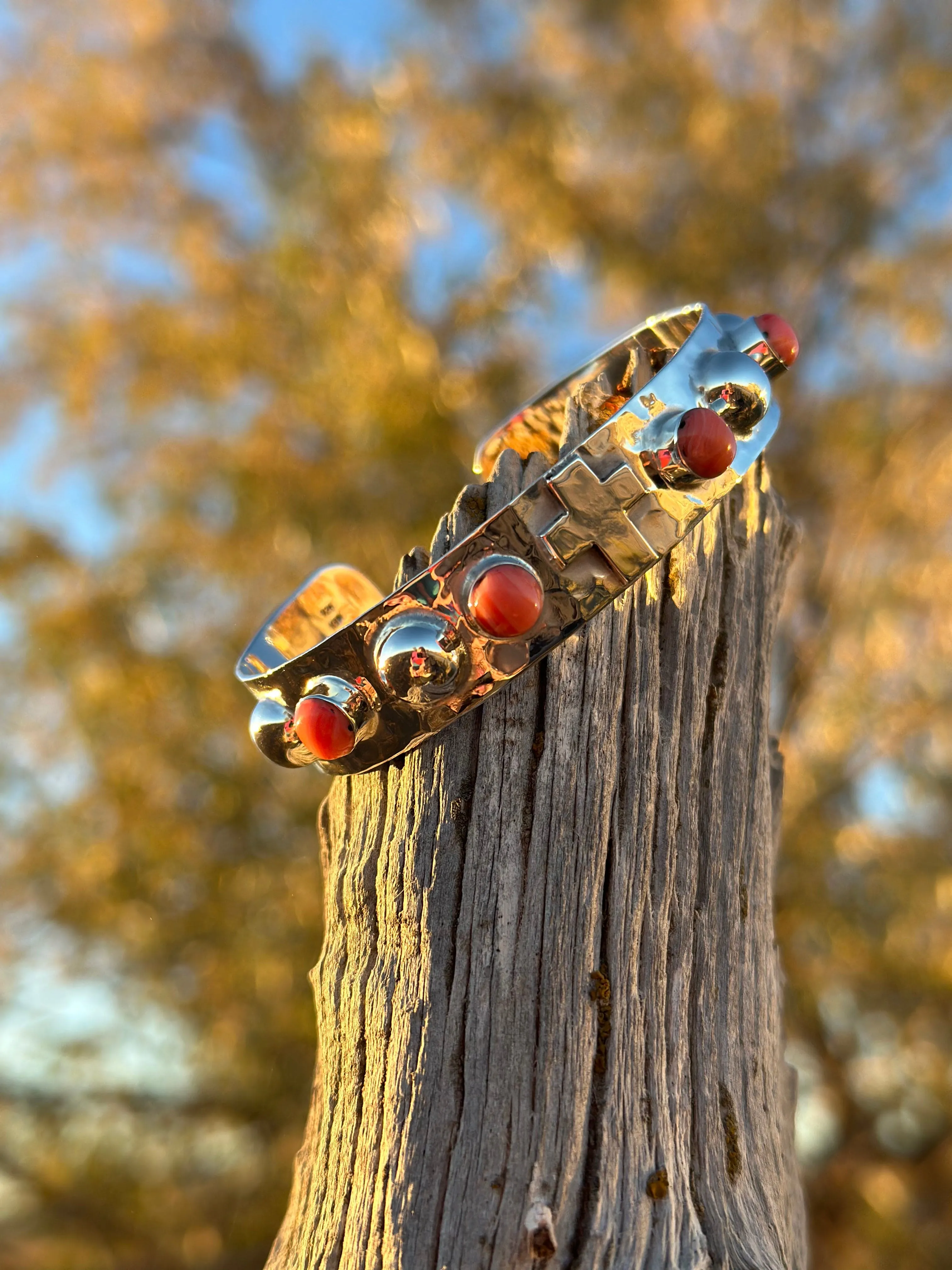 The Hammered Sterling Silver & Coral Cross Bracelet & Earring Set