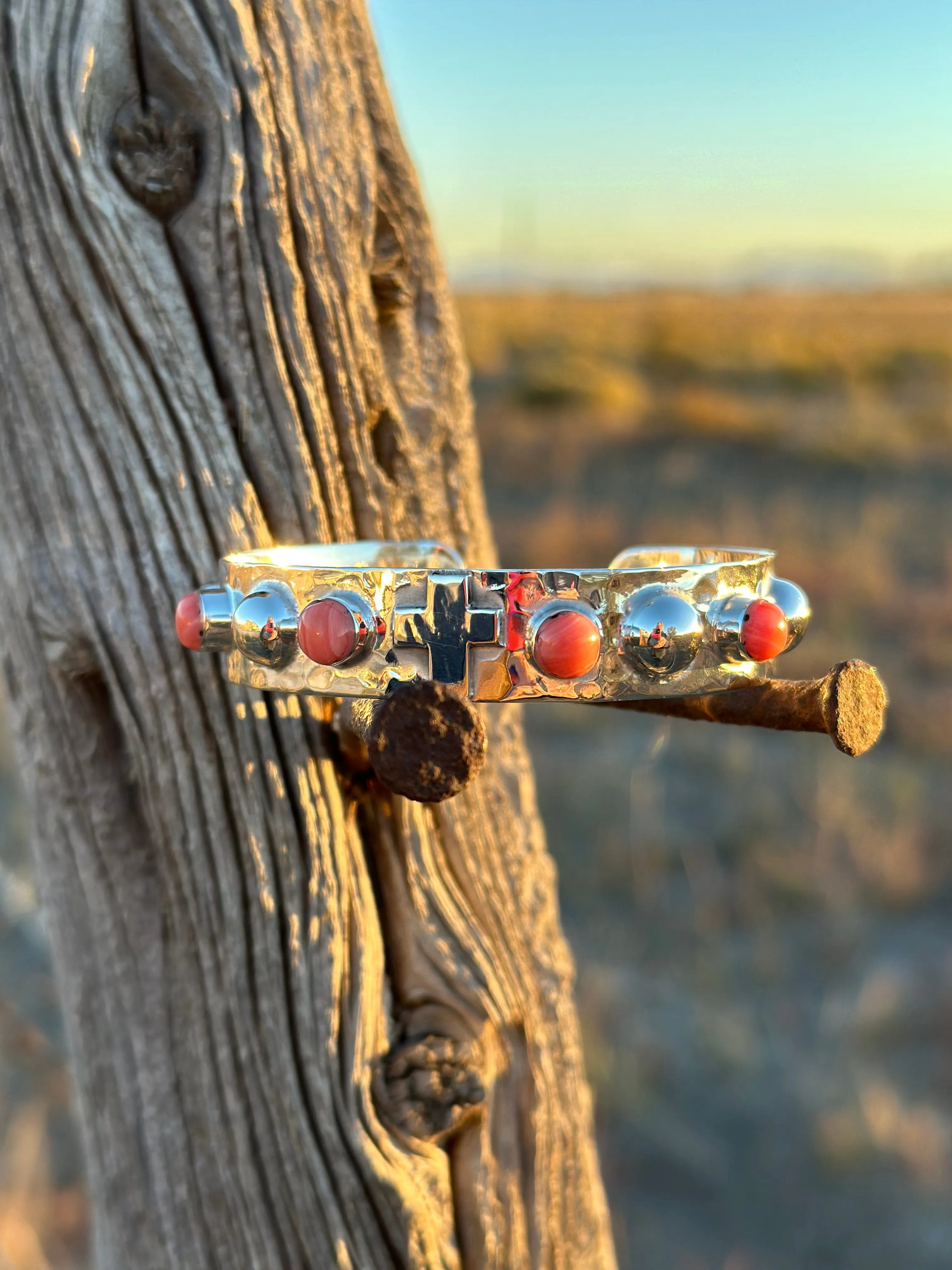 The Hammered Sterling Silver & Coral Cross Bracelet & Earring Set