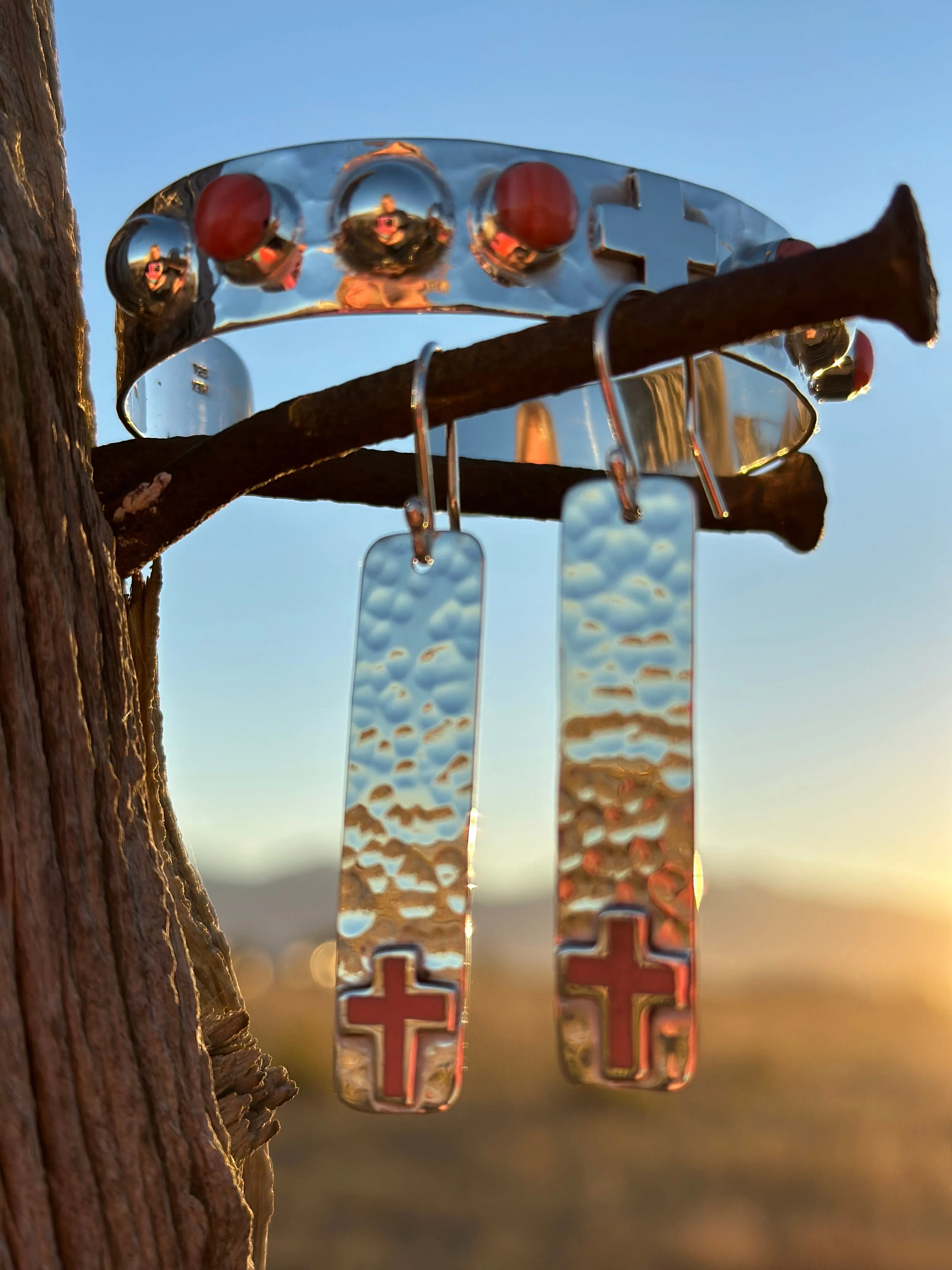 The Hammered Sterling Silver & Coral Cross Bracelet & Earring Set