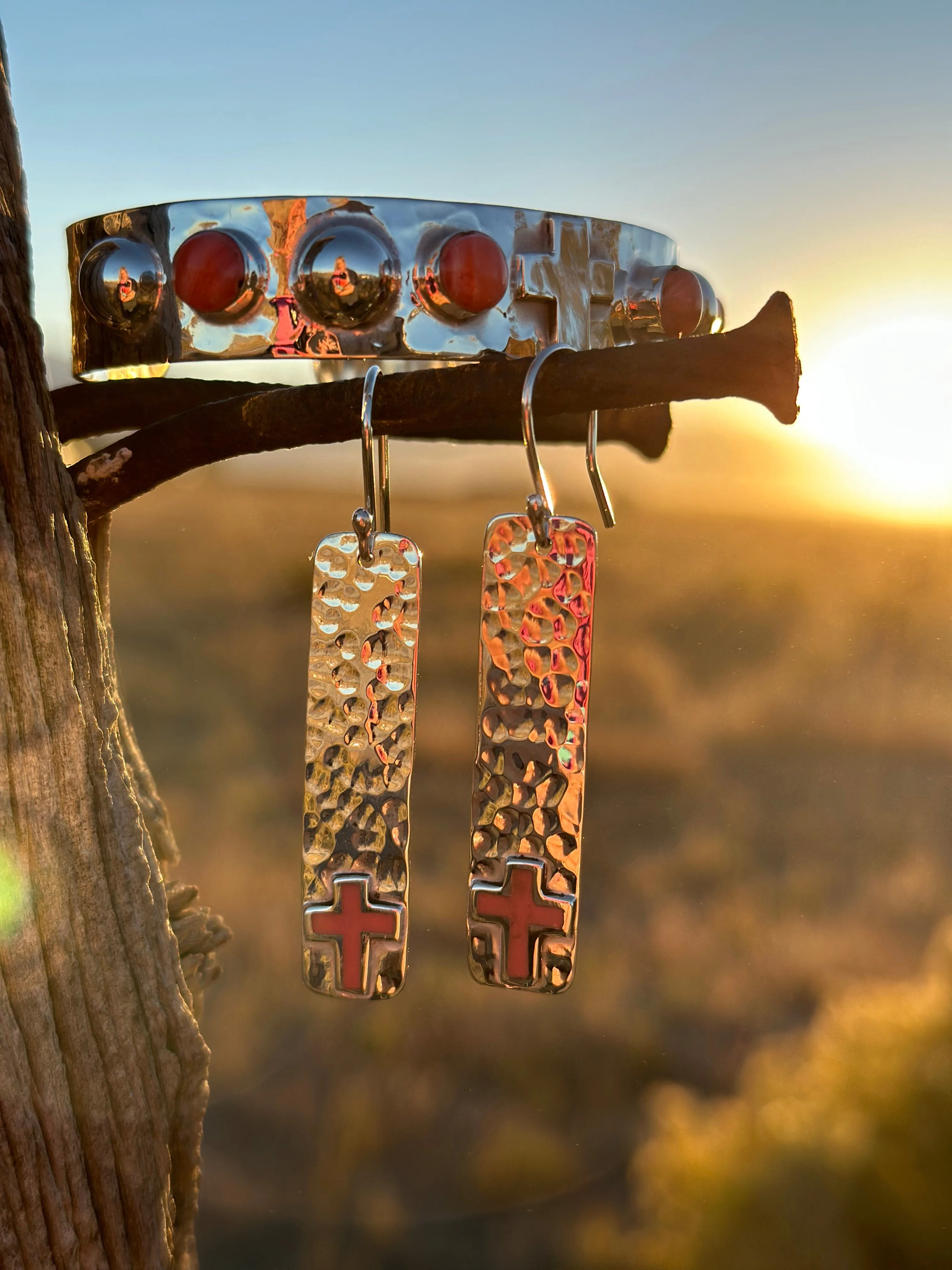 The Hammered Sterling Silver & Coral Cross Bracelet & Earring Set