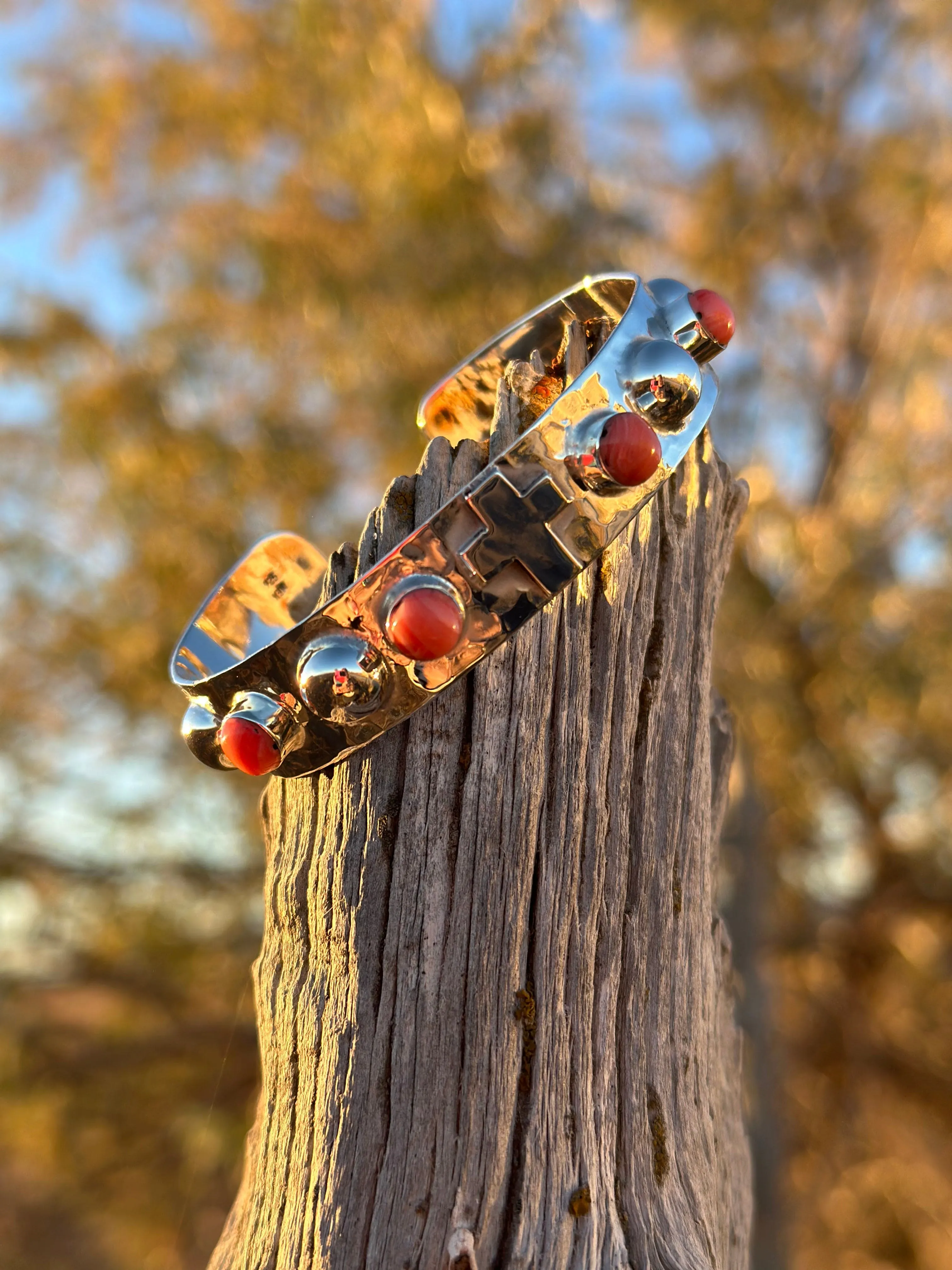 The Hammered Sterling Silver & Coral Cross Bracelet & Earring Set
