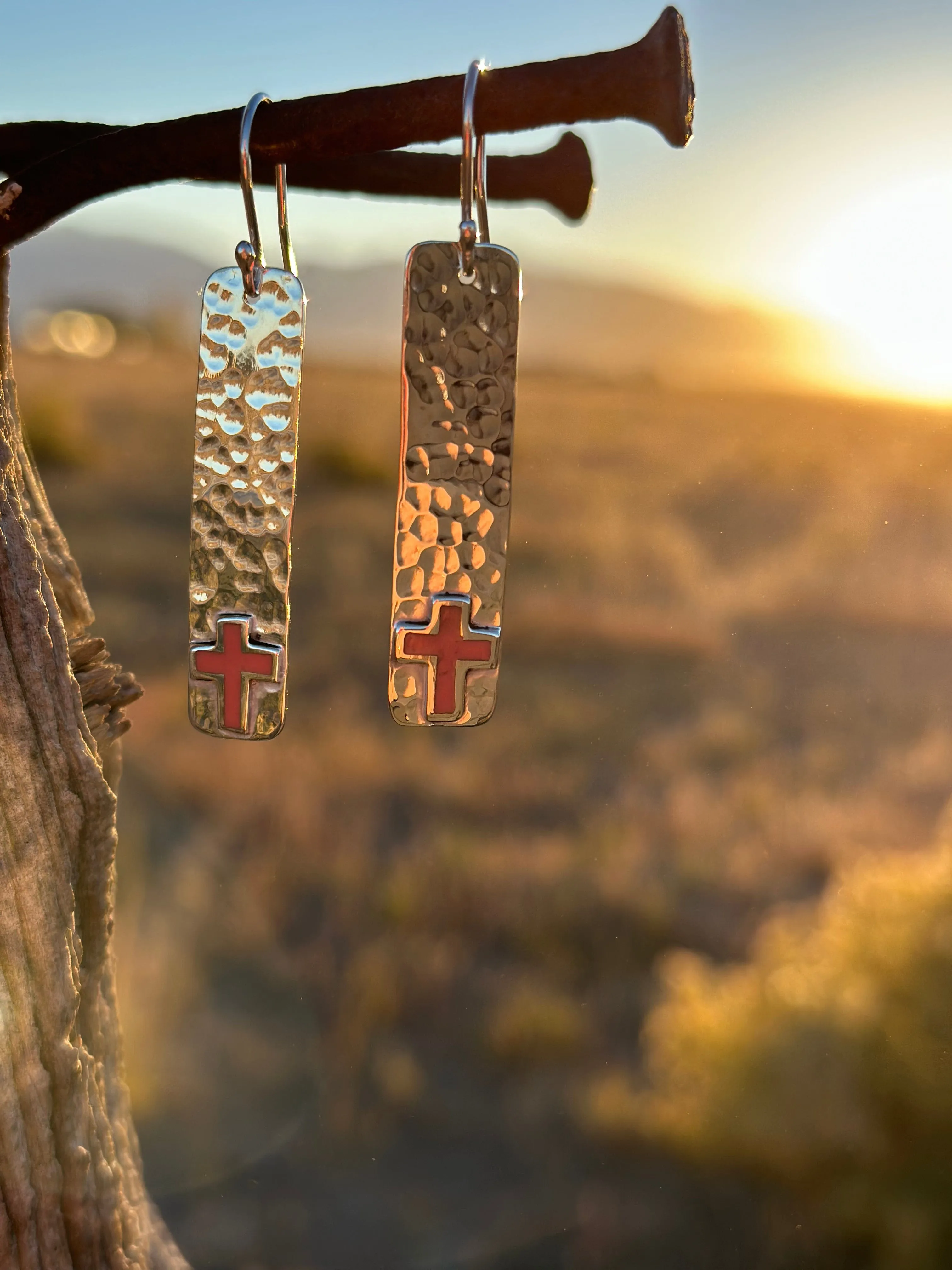 The Hammered Sterling Silver & Coral Cross Bracelet & Earring Set