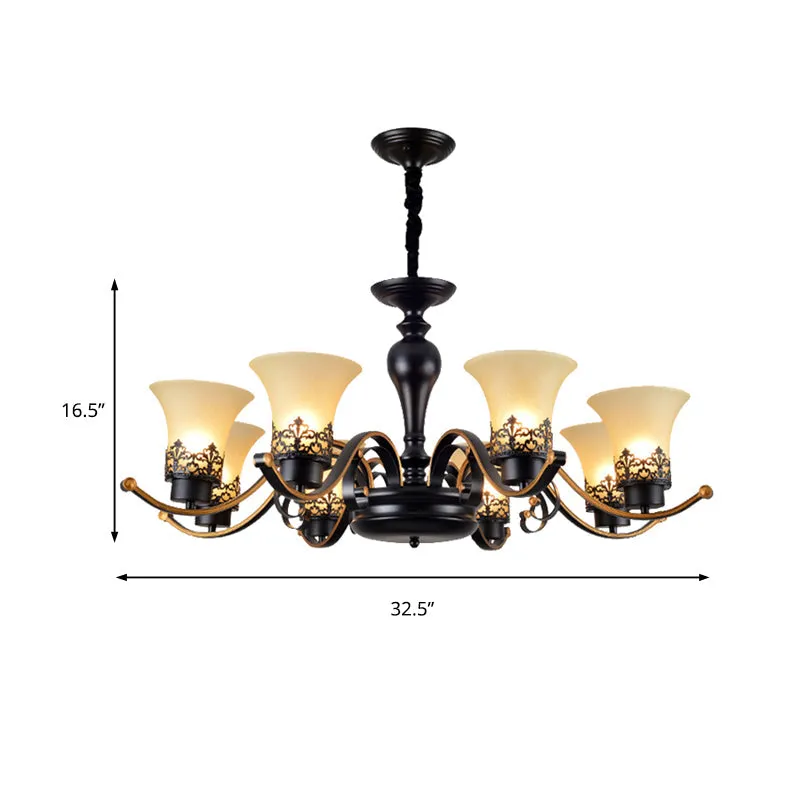 Traditional Bell Frosted Glass Chandelier Pendant Light for Living Room - Black, 3/6/8 Lights