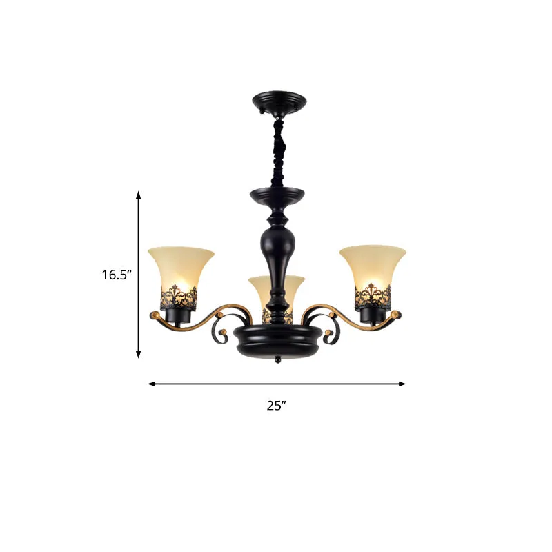 Traditional Bell Frosted Glass Chandelier Pendant Light for Living Room - Black, 3/6/8 Lights