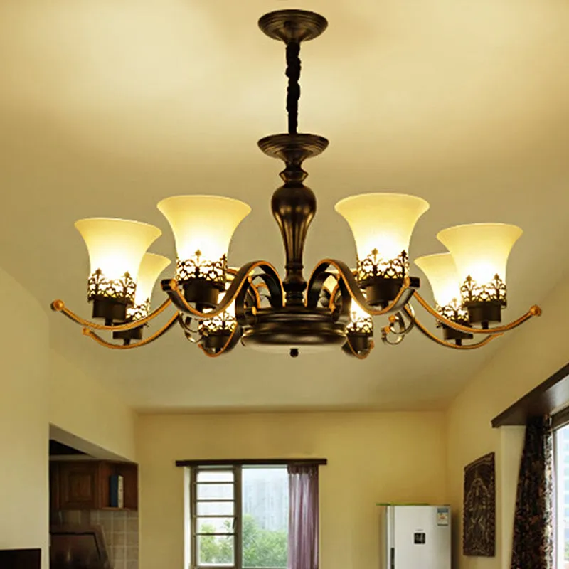 Traditional Bell Frosted Glass Chandelier Pendant Light for Living Room - Black, 3/6/8 Lights