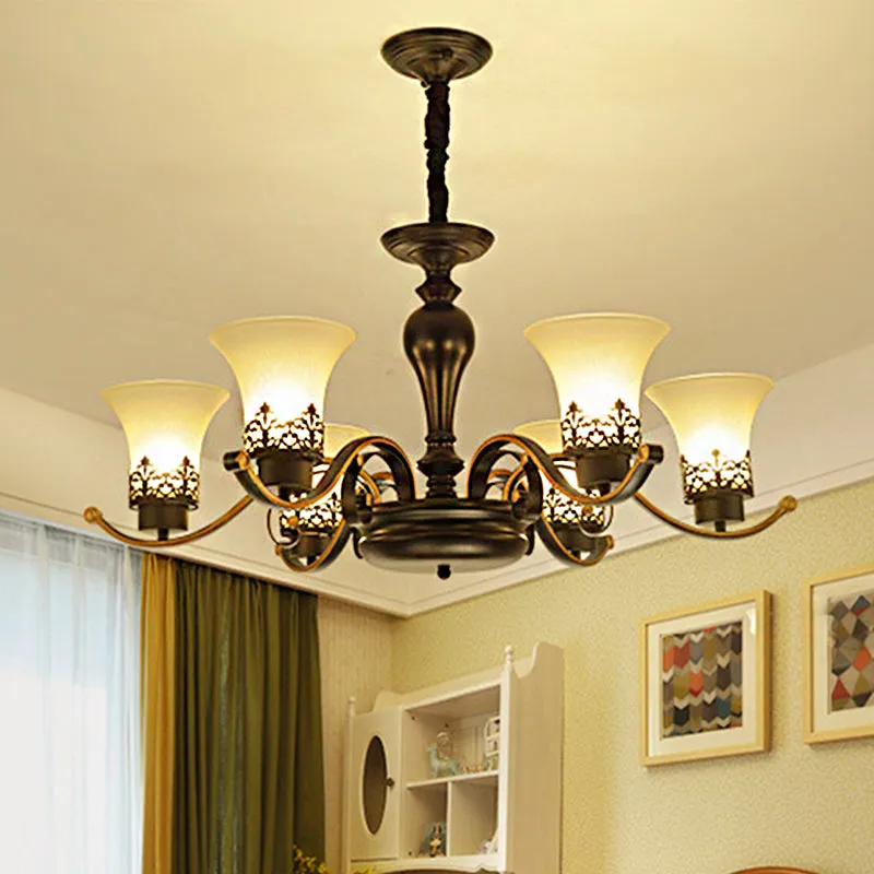 Traditional Bell Frosted Glass Chandelier Pendant Light for Living Room - Black, 3/6/8 Lights