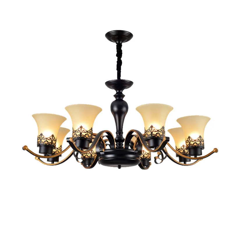 Traditional Bell Frosted Glass Chandelier Pendant Light for Living Room - Black, 3/6/8 Lights