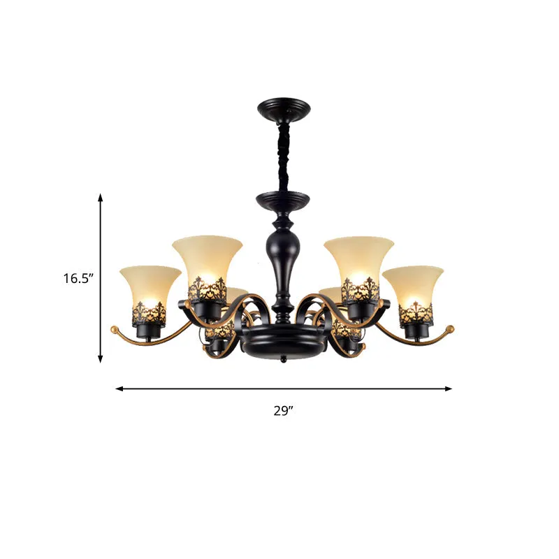 Traditional Bell Frosted Glass Chandelier Pendant Light for Living Room - Black, 3/6/8 Lights
