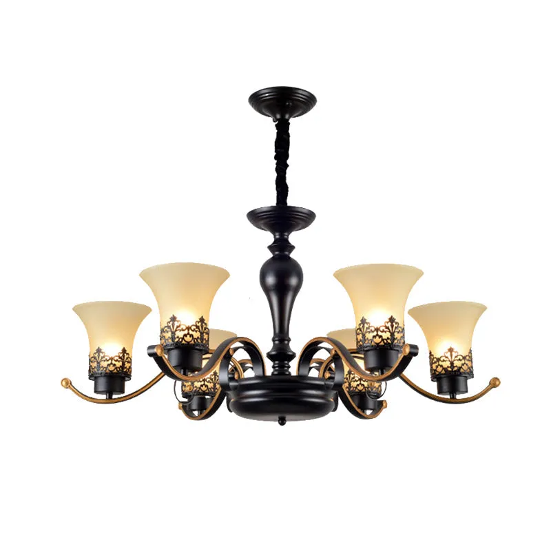 Traditional Bell Frosted Glass Chandelier Pendant Light for Living Room - Black, 3/6/8 Lights