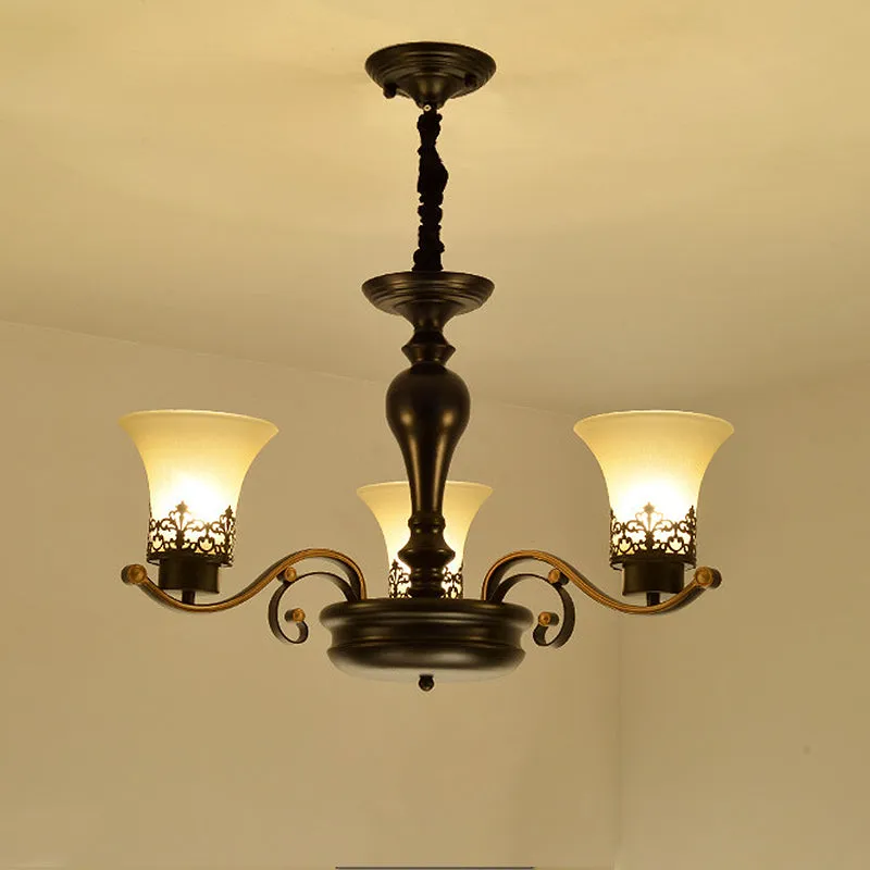 Traditional Bell Frosted Glass Chandelier Pendant Light for Living Room - Black, 3/6/8 Lights