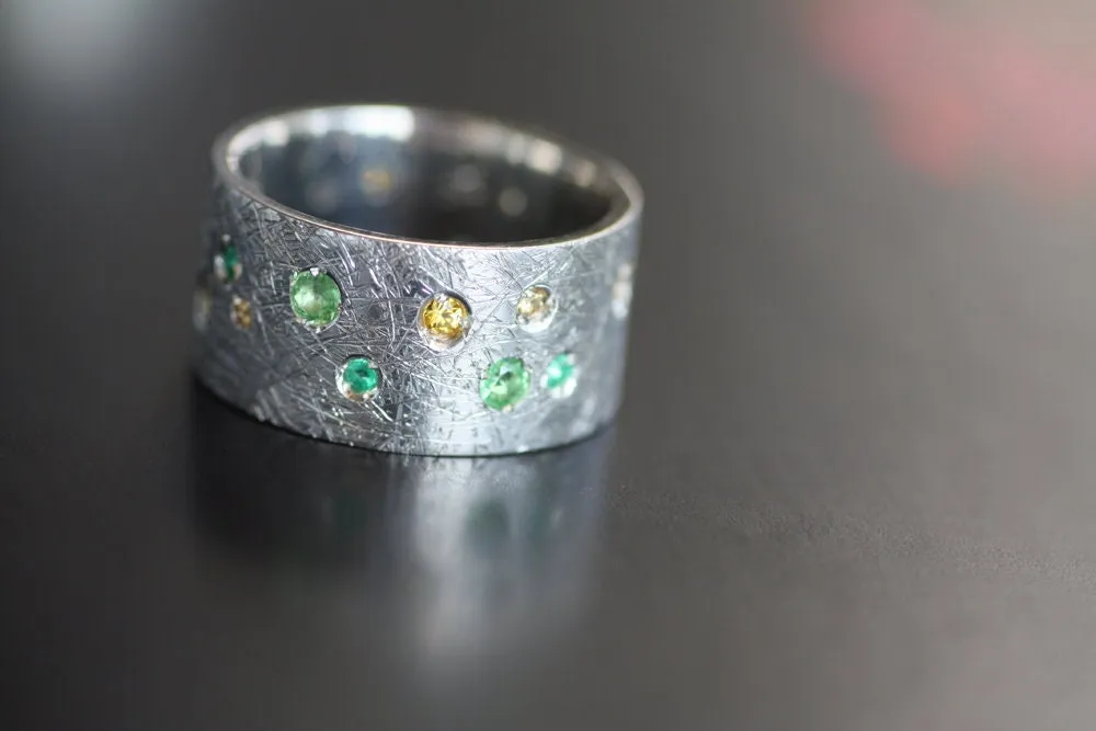 Tsavorite and Emeralds brushed finish ring / Diamonds Sapphires Multi stone Rings