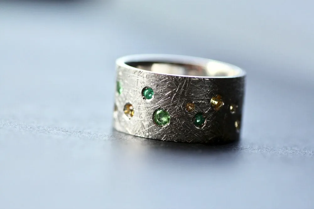 Tsavorite and Emeralds brushed finish ring / Diamonds Sapphires Multi stone Rings