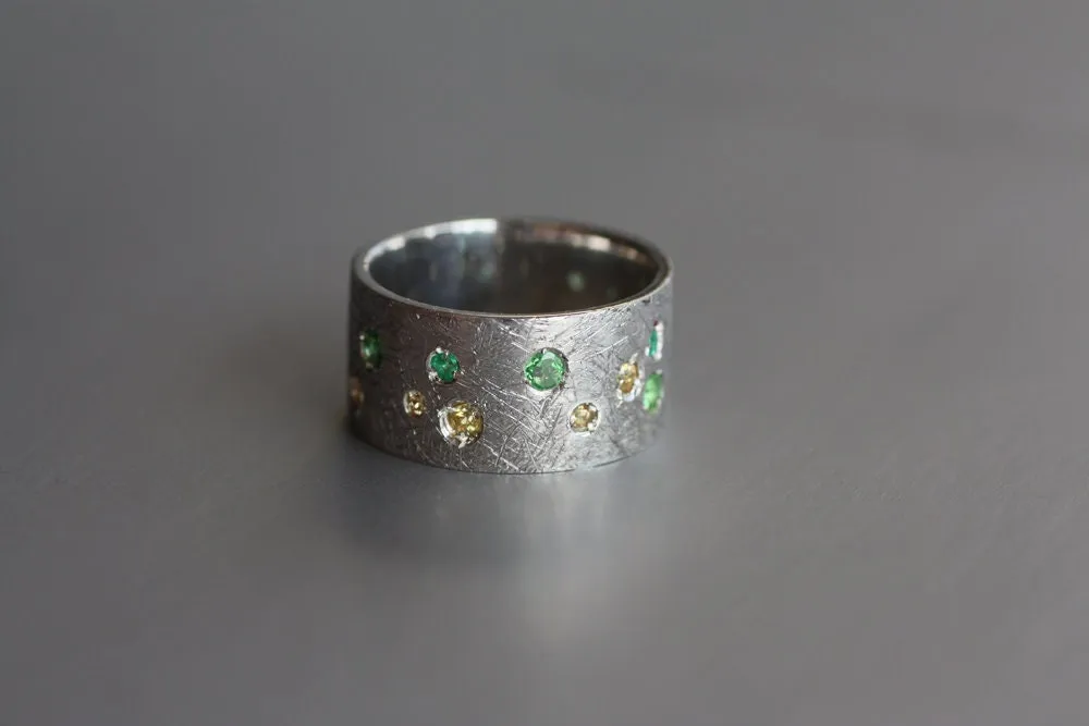 Tsavorite and Emeralds brushed finish ring / Diamonds Sapphires Multi stone Rings
