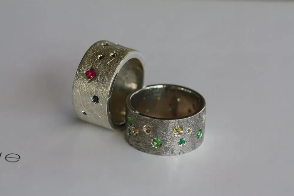 Tsavorite and Emeralds brushed finish ring / Diamonds Sapphires Multi stone Rings