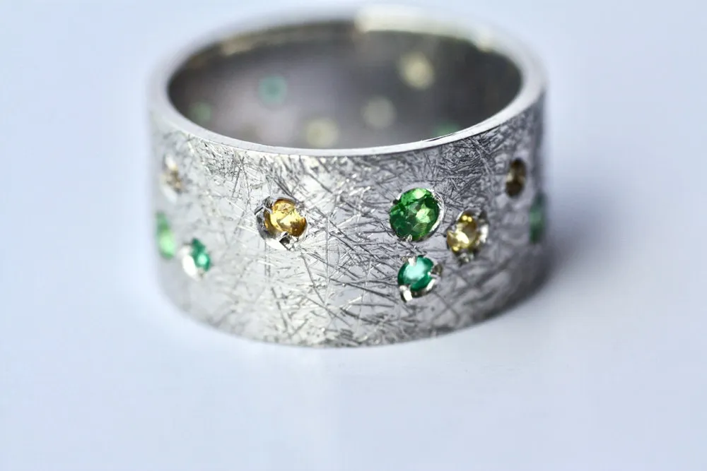 Tsavorite and Emeralds brushed finish ring / Diamonds Sapphires Multi stone Rings