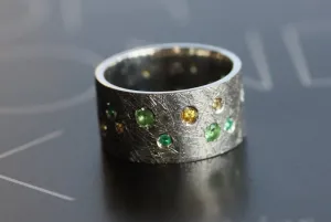 Tsavorite and Emeralds brushed finish ring / Diamonds Sapphires Multi stone Rings