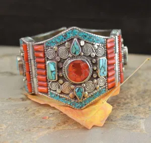 Turquoise and Coral Bracelet Traditional Tibetan Style