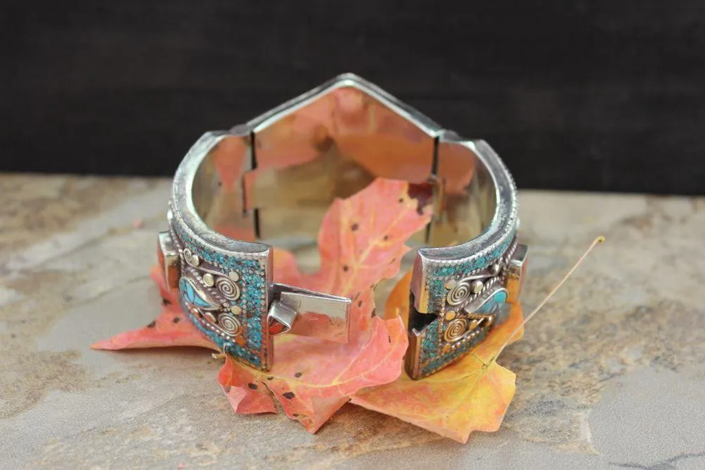 Turquoise and Coral Bracelet Traditional Tibetan Style