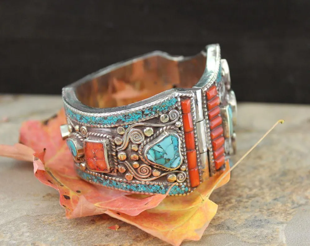 Turquoise and Coral Bracelet Traditional Tibetan Style