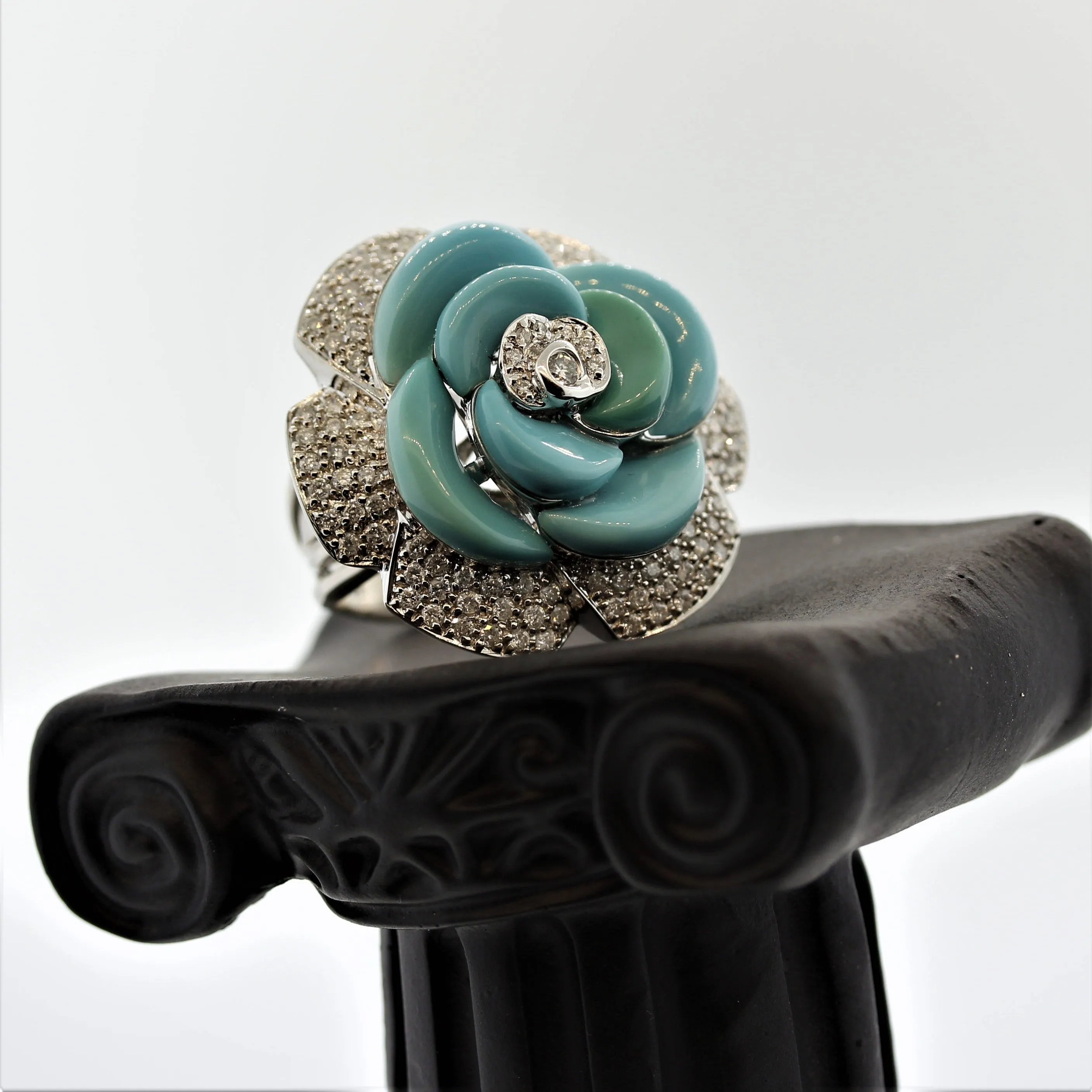 Turquoise Diamond Pave Gold Flower Cocktail Ring