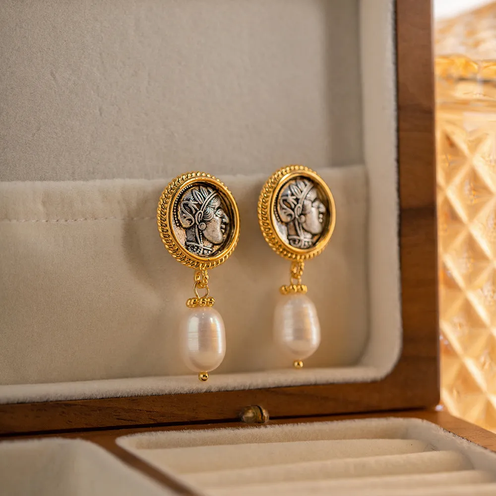 Vintage ancient coin earrings with pearl pendant