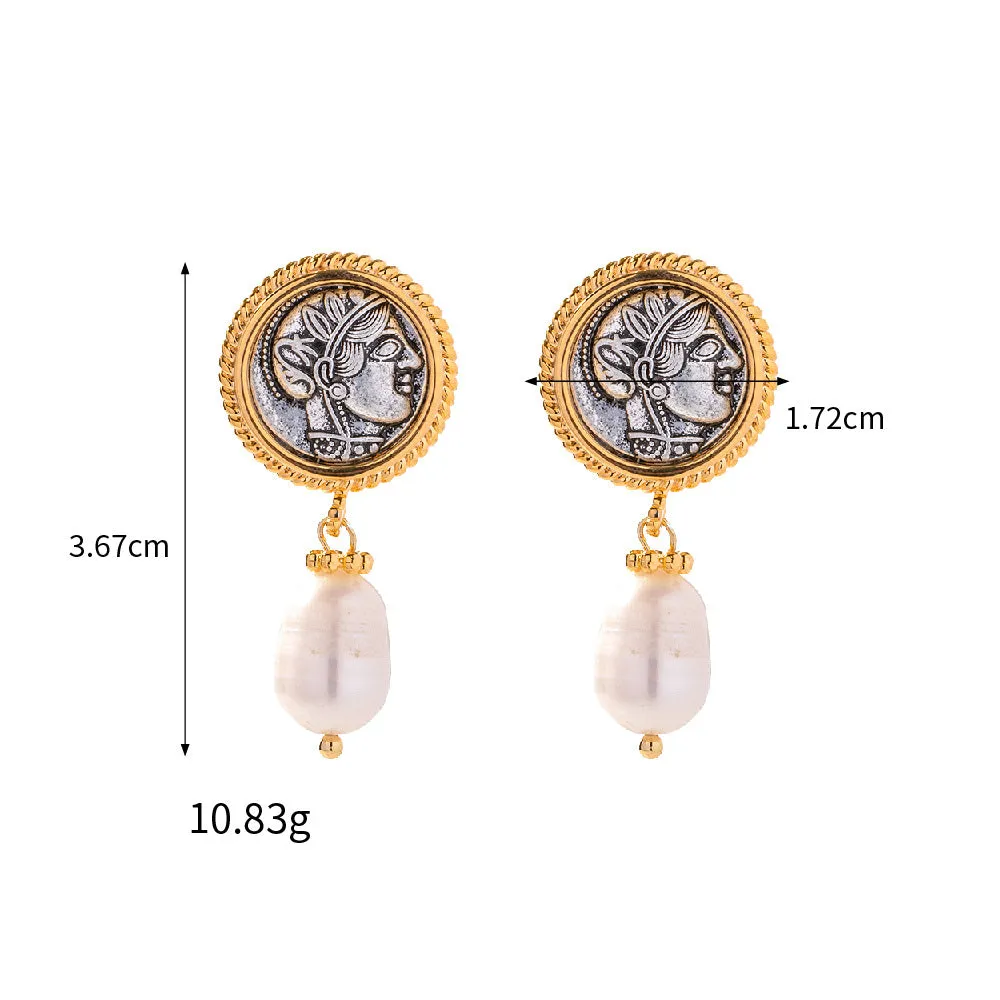 Vintage ancient coin earrings with pearl pendant