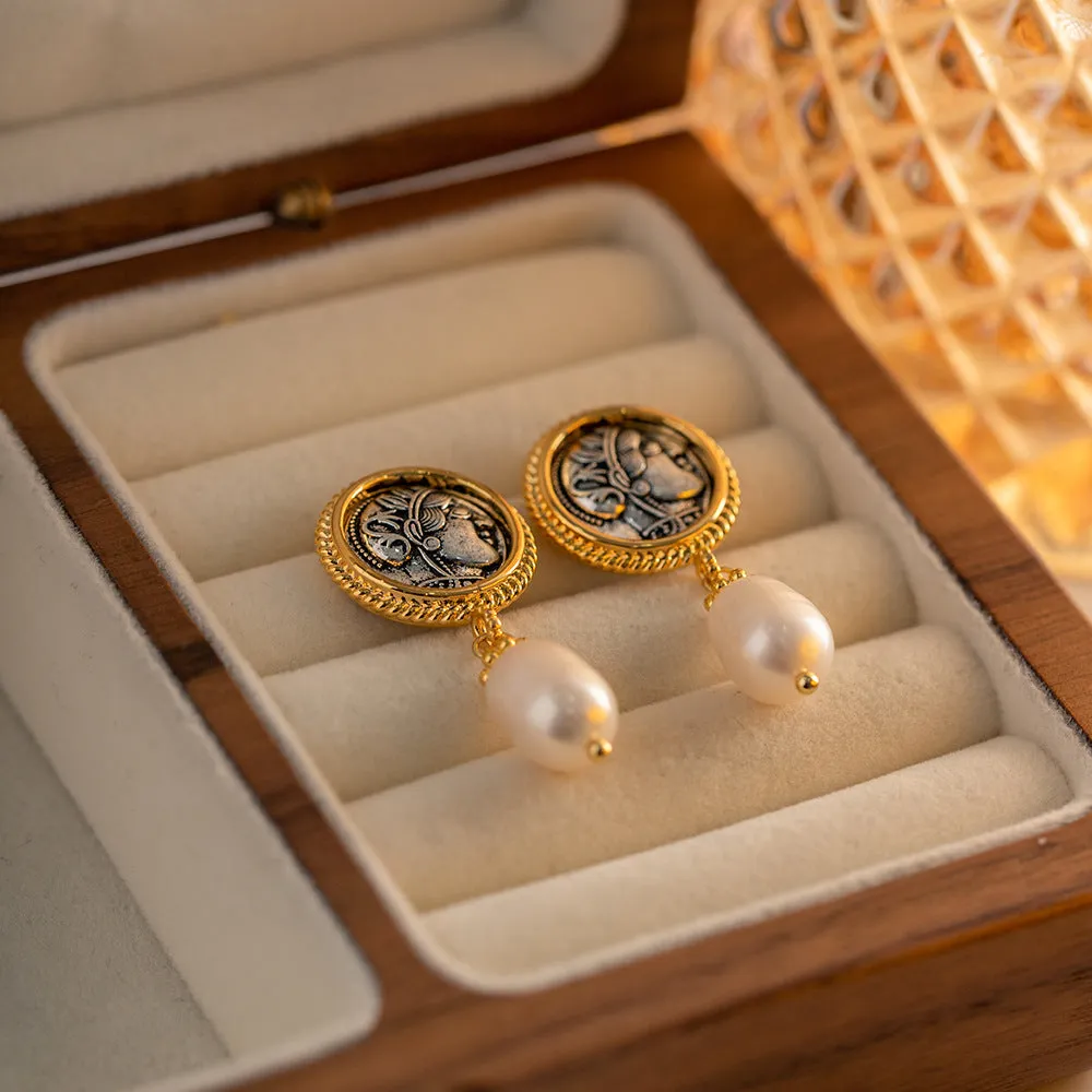 Vintage ancient coin earrings with pearl pendant