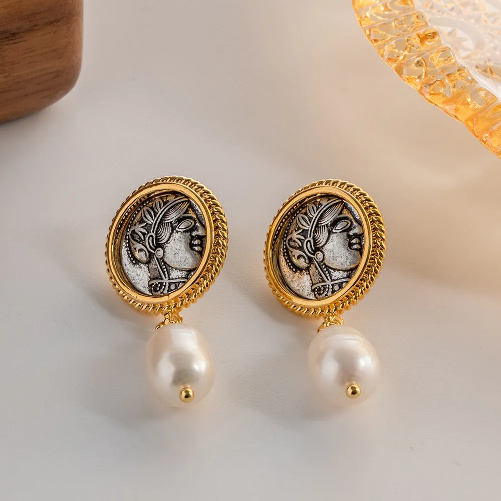 Vintage ancient coin earrings with pearl pendant