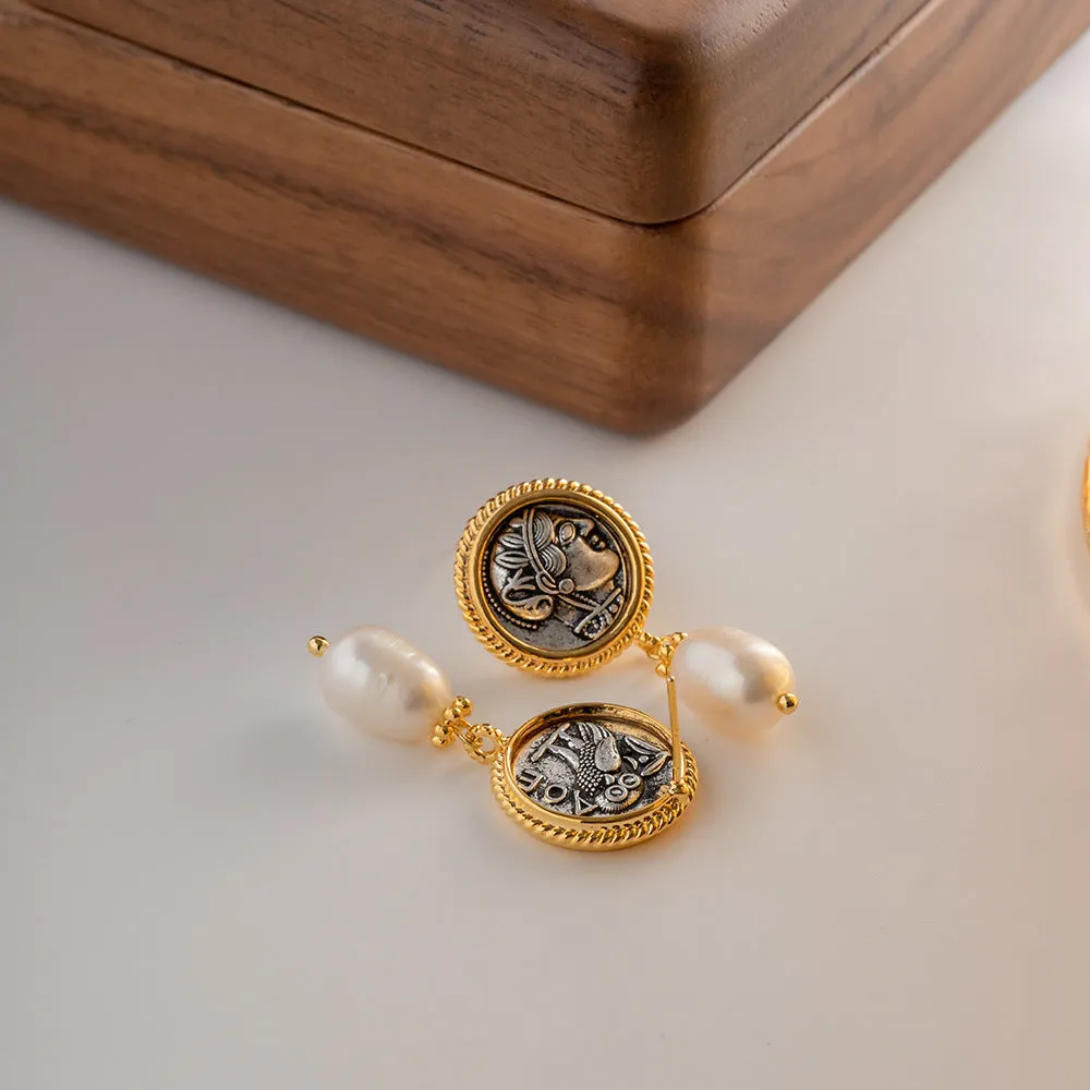 Vintage ancient coin earrings with pearl pendant