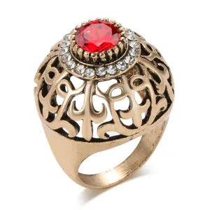 Vintage Jewelry Crystal Flower Rings for Women with Red Stone in Gold Color