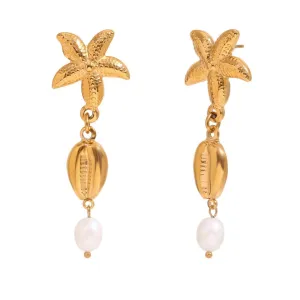 Vintage Starfish and Shell Drop Earrings with Simulated Pearl – Fashion Jewelry for Women
