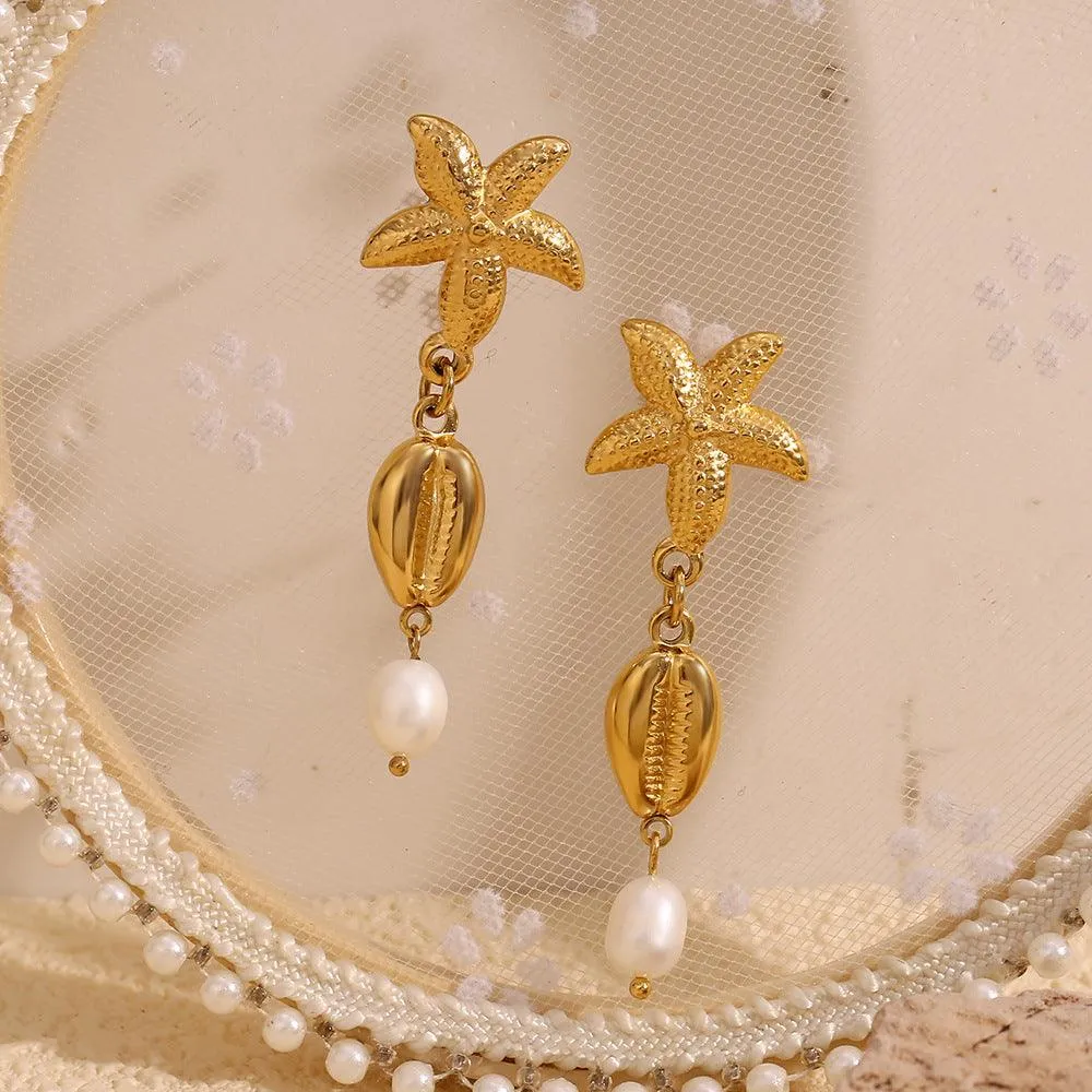 Vintage Starfish and Shell Drop Earrings with Simulated Pearl – Fashion Jewelry for Women