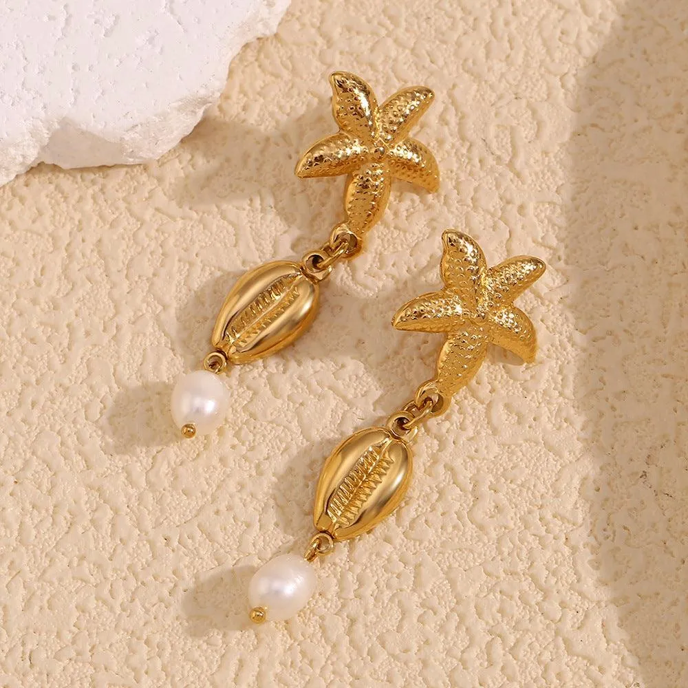 Vintage Starfish and Shell Drop Earrings with Simulated Pearl – Fashion Jewelry for Women