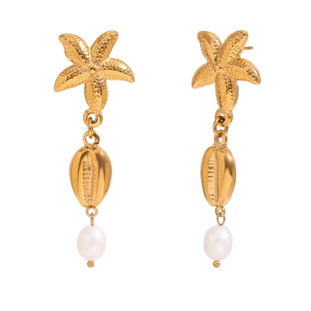 Vintage Starfish and Shell Drop Earrings with Simulated Pearl – Fashion Jewelry for Women