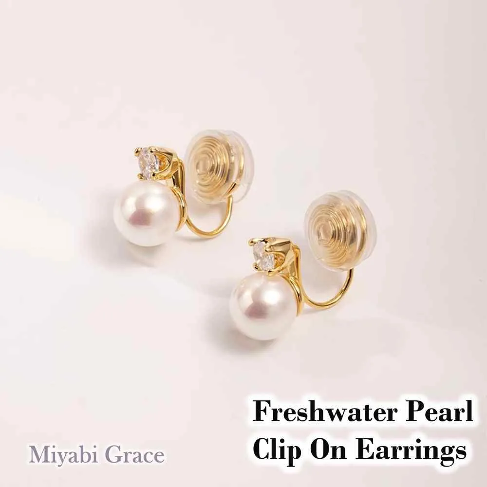 White Freshwater Pearl & Gold Cubic Zirconia Crystal CZ Stud Gold Coil Clip On Earrings