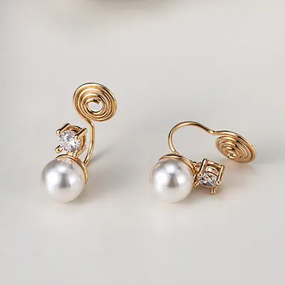 White Freshwater Pearl & Gold Cubic Zirconia Crystal CZ Stud Gold Coil Clip On Earrings
