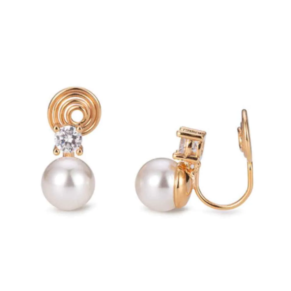 White Freshwater Pearl & Gold Cubic Zirconia Crystal CZ Stud Gold Coil Clip On Earrings