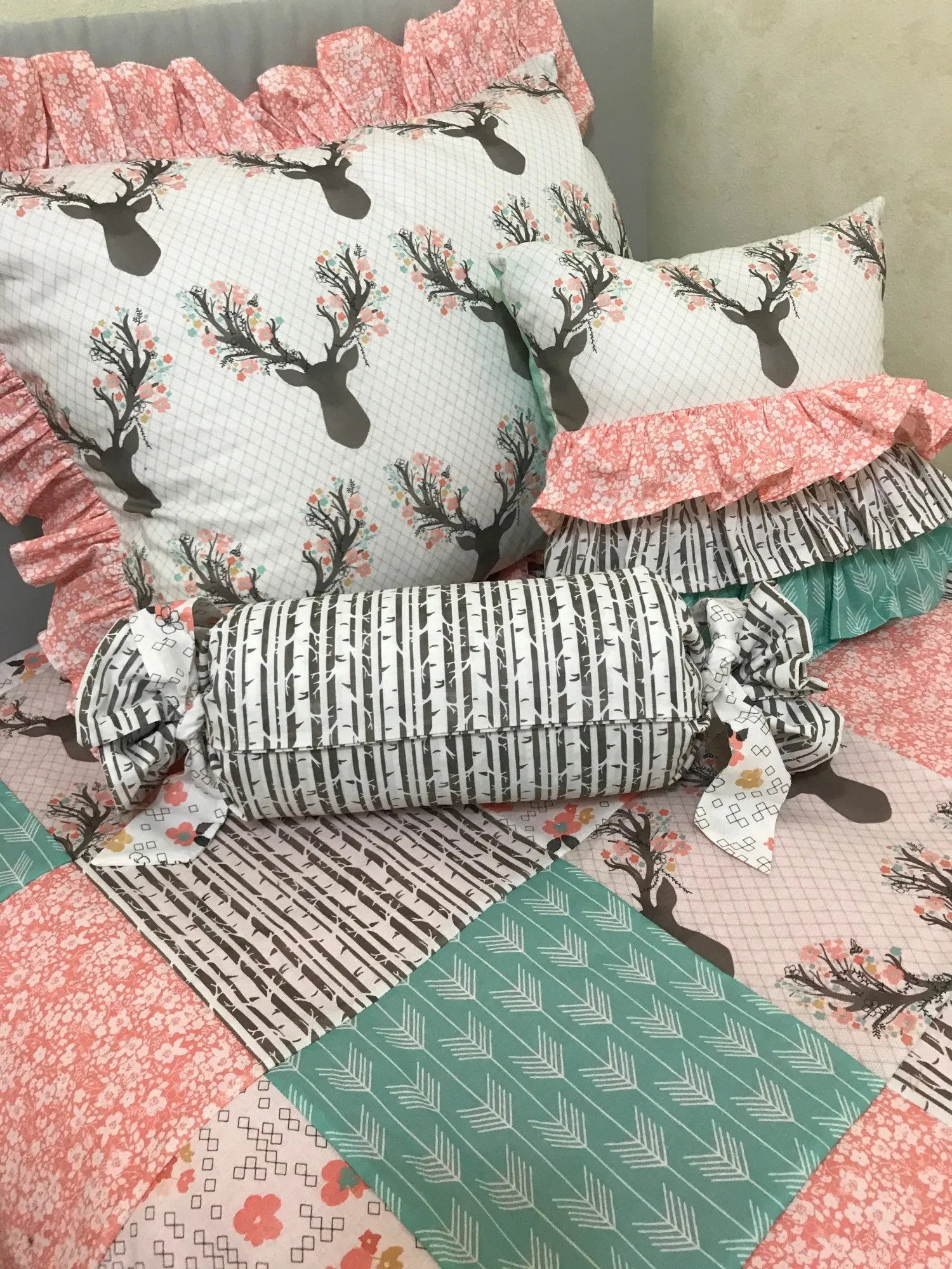 Woodland Kid Bedding with Floral Deer and Coral