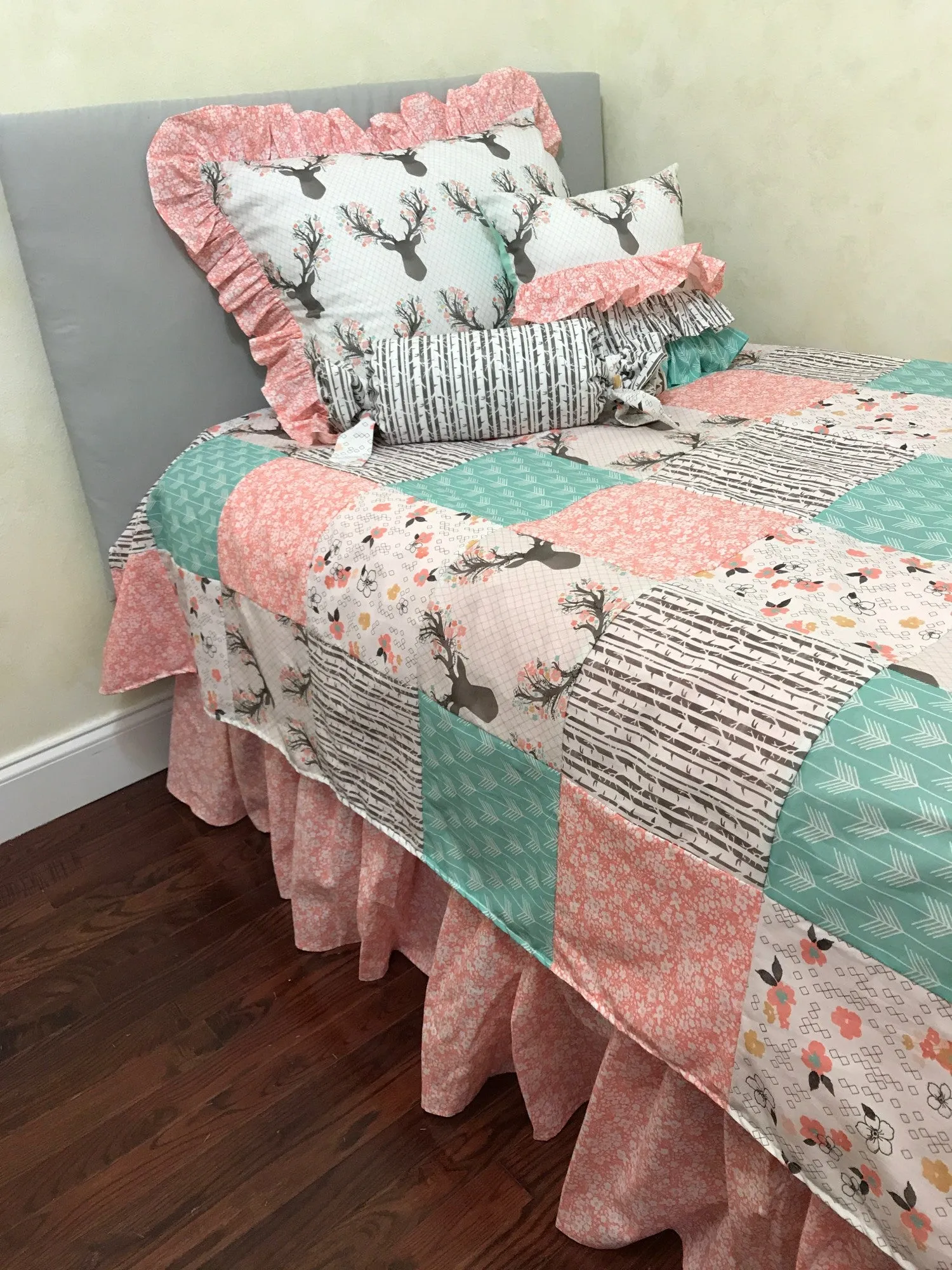 Woodland Kid Bedding with Floral Deer and Coral
