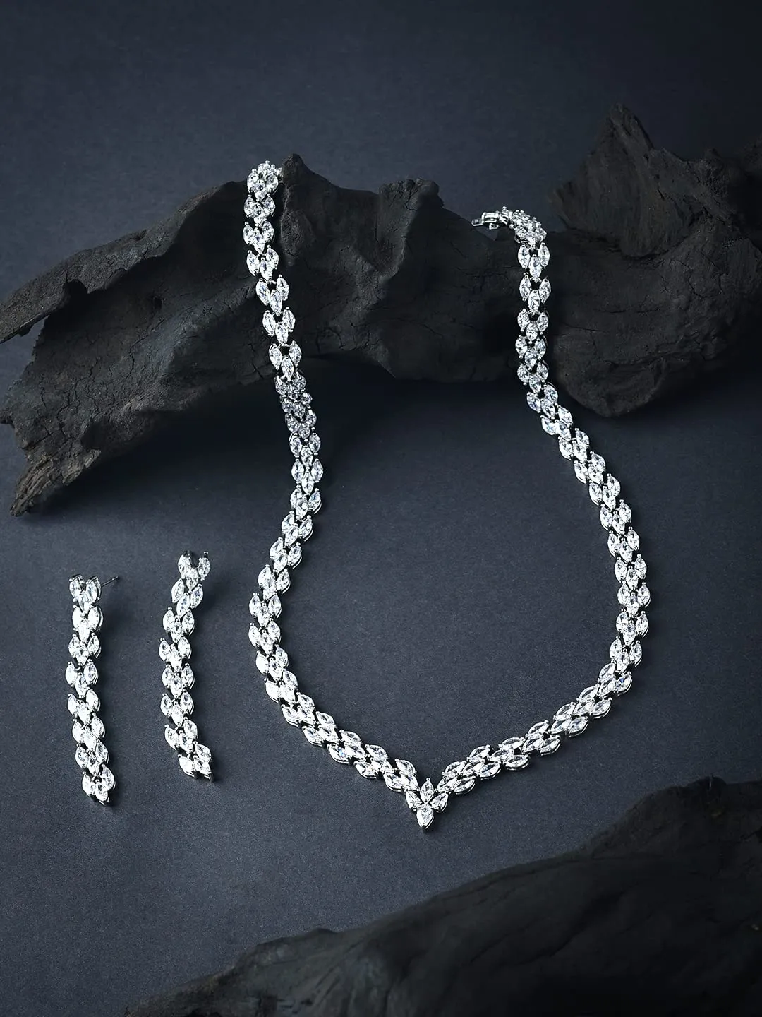 Yellow Chimes Jewellery Set for Women Rhodium-Plated White Real Cubic Zircon Necklace Set Leaf Design Classic CZ Jewellery Set For Women and Girls.