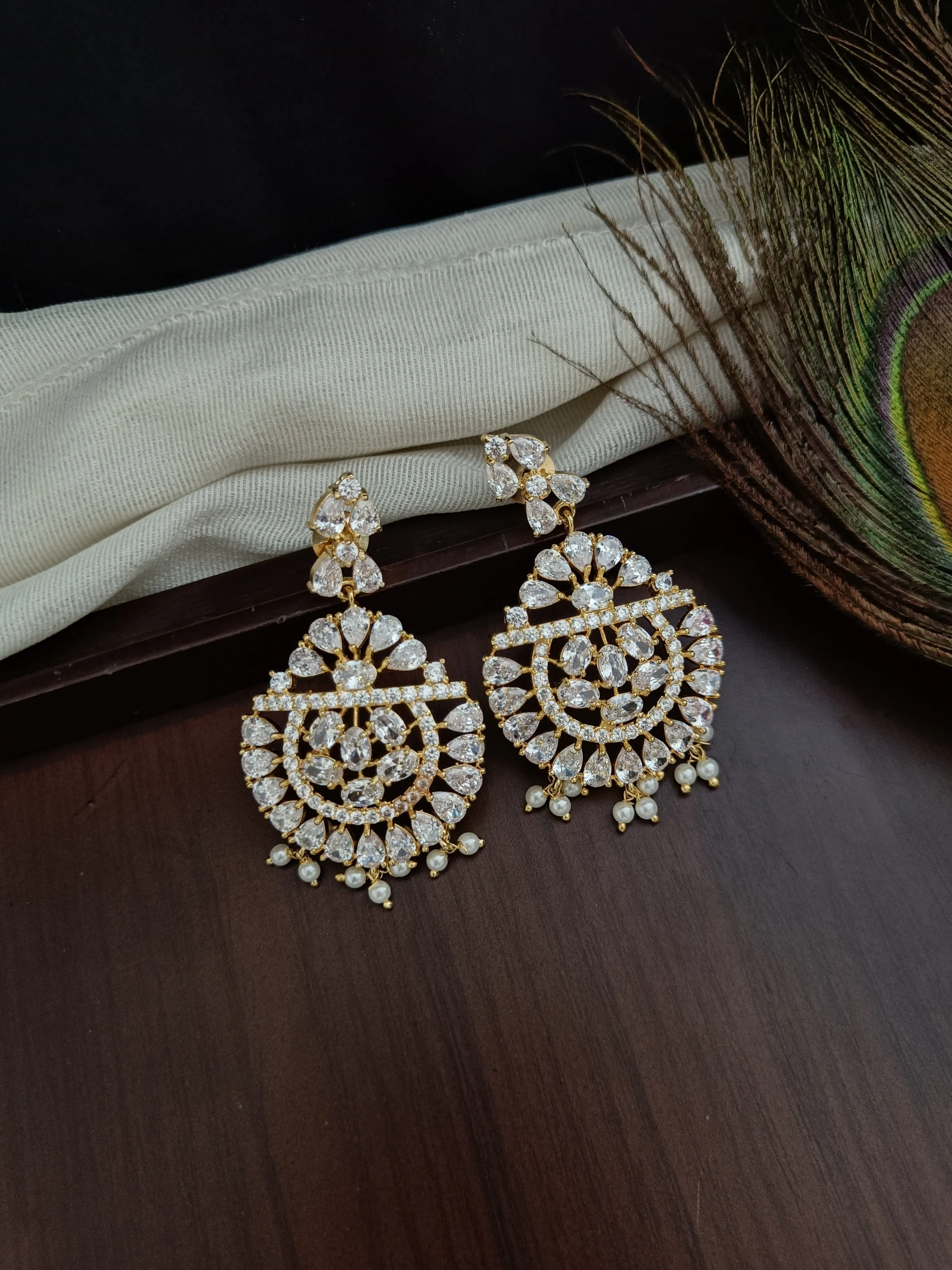 Zircon Long Necklace Set Having Half White Pearls