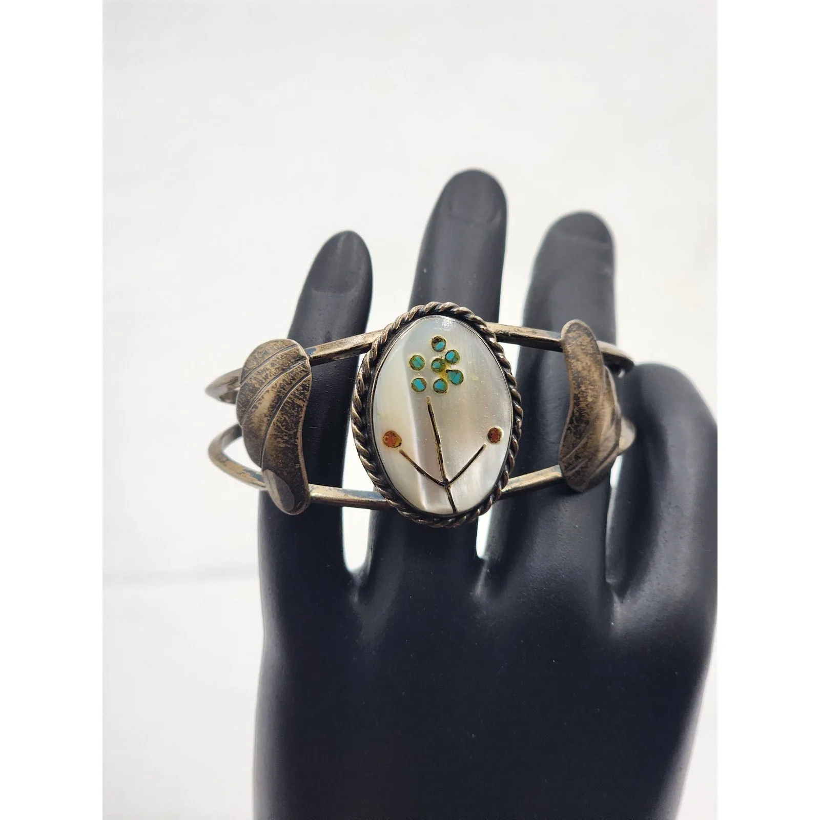 Zuni Jewelry Sterling Cuff Bracelet Coral Turquoise MOP 17g Native American 6"